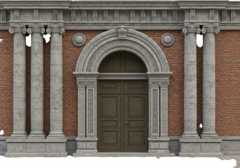 Obraz premium Architectural facade with columns and arched doorway isolated on transparent background