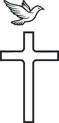 Black outline of Christian cross with a flying dove symbolizing peace and spirituality
