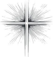 Obraz premium Black and white illustration of a shining cross with radiant light rays symbolizing faith and spirituality