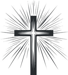 Black and white illustration of a Christian cross with radiant light rays symbolizing faith and spirituality