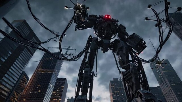 Giant robot attacking modern city under cloudy sky
