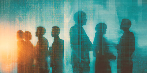 Silhouetted figures conversing against a teal, digital background, suggesting teamwork, communication, or networking in a technological context