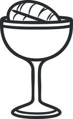 Minimalist black and white line art illustration of a dessert glass with a scoop of ice cream