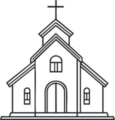 Simple black and white line art illustration of a church building with a cross on top, representing religious faith and worship.