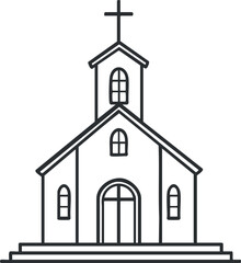 Outline drawing of a church building with cross on top symbolizing Christian worship and faith
