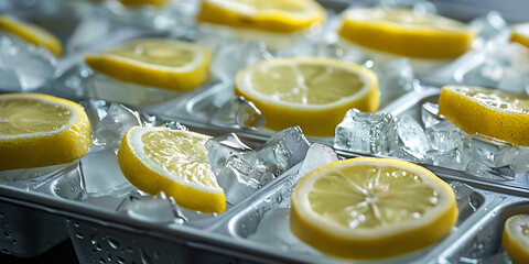 Slices of Fresh Lemon Placed on Ice Within an Ice Tray, Reflecting a Cool and Refreshing Atmosphere.