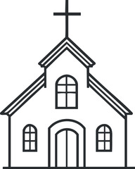Simple black and white line art illustration of a church building with a cross on top