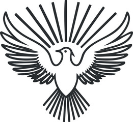 Black and white line art illustration of a dove with spread wings symbolizing peace and freedom