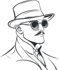 Black and white line art illustration of a man in vintage hat and round sunglasses with a mustache in profile view.