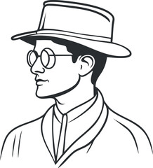 Black and white line art illustration of a man in profile wearing a hat and glasses with vintage style clothing