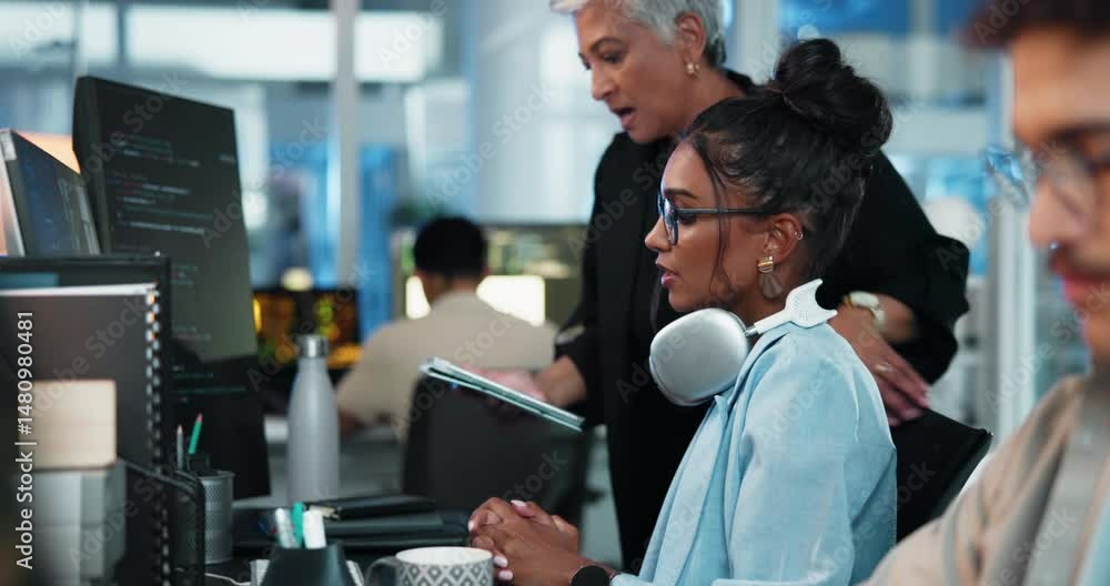Poster People, mentor and computer programmer in office for teamwork, problem solving and software update. Women, feedback and manager with tablet for web development, reading information and coding system