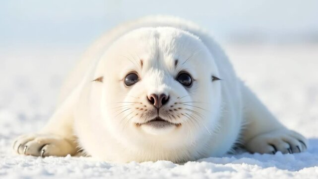 Cute white baby seal lying on snowy ground with big eyes and fluffy fur in Arctic landscape 4K, motion, funny animals, winter wildlife close-up scene