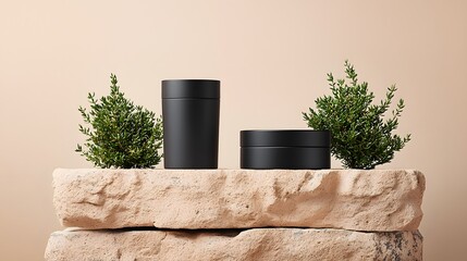 Black Cosmetic Balm Jar and Dropper Bottle Set on Beige Stone