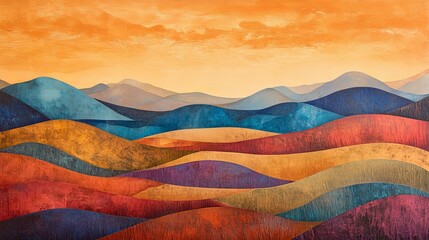 Abstract Golden Sunset Landscape Painting Artistic Hills Colorful Nature Scene Modern Art sky red   