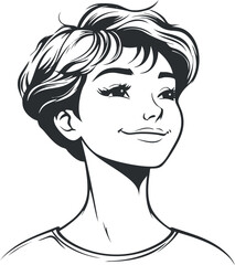 Black and white line art illustration of a confident young woman with short hair smiling and looking up.