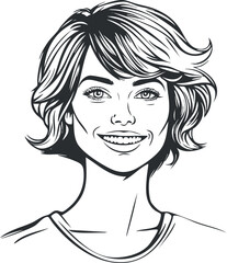 Black and white line art illustration of a smiling young woman with short hair and casual clothing
