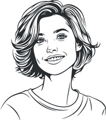 Black and white line art illustration of a smiling young woman with short hair and casual clothing.