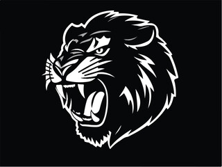 Roaring lion head silhouette isolated on black background. Lion logo design. Vector illustration. 