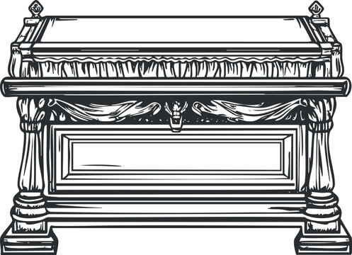 Detailed black and white illustration of an ornate ancient stone sarcophagus used for burial and memorial purposes
