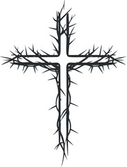 Obraz premium Black and white illustration of a thorny cross symbolizing Christianity and faith with sharp branches.