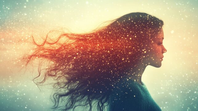 Cosmic woman hair flowing stars dreamy style beauty fashion portrait