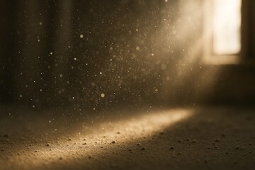 Golden dust particles float visibly in a beam of sunlight coming through a window in a dim room—evoking nostalgia, calm, and atmospheric stillness.