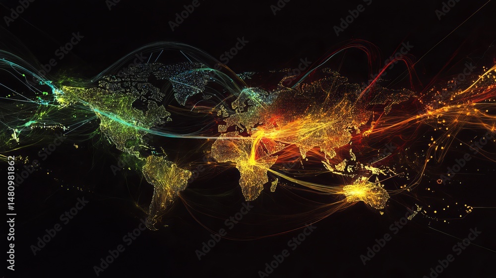 Poster global network connections digital world map abstract technology background illustration art web