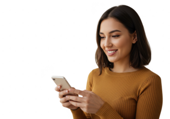 Smiling woman using mobile phone isolated on transparent background