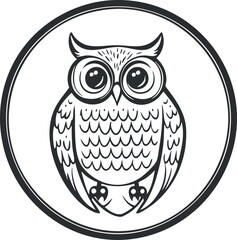 Black and white cartoon owl illustration in circular outline with big eyes and detailed feathers