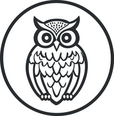 Black and white line art illustration of an owl inside a circular frame symbolizing wisdom and nature