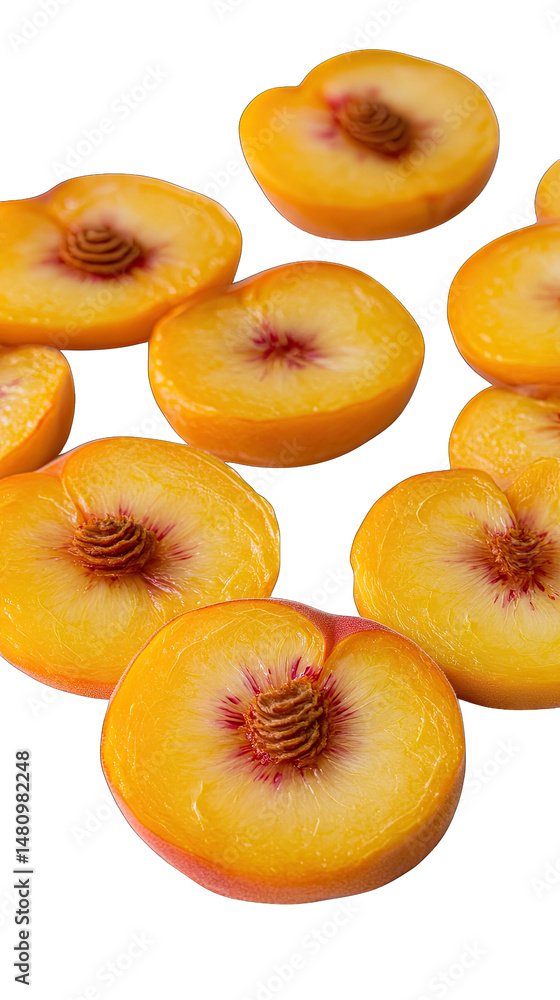Poster slices of fresh ripe peaches arranged in a pattern on a transparent background