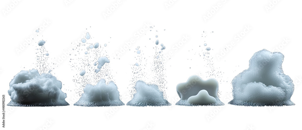 Poster five white foam splashes isolated on a transparent background showcasing a variety of shapes and siz
