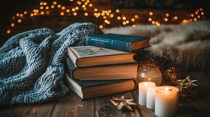 Cozy winter scene with stack of books and candles