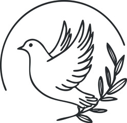 Simple black and white line art illustration of a dove holding an olive branch symbolizing peace and harmony