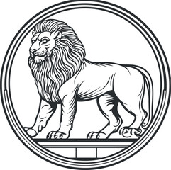 Black and white line art illustration of a lion standing inside a circular frame symbolizing strength and majesty.