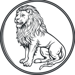 Black and white line art illustration of a majestic lion sitting inside a circular frame symbolizing strength and wildlife.