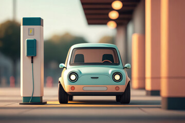 Retro electric car charging at a station, blending vintage design with modern technology.