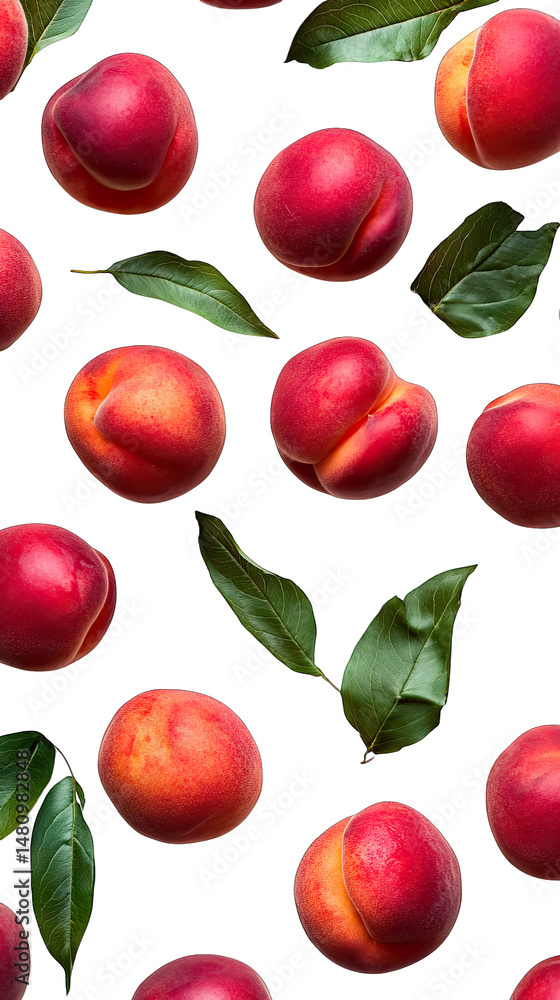 Poster a flat lay of fresh ripe peaches and green leaves arranged in a repeating pattern on a transparent b
