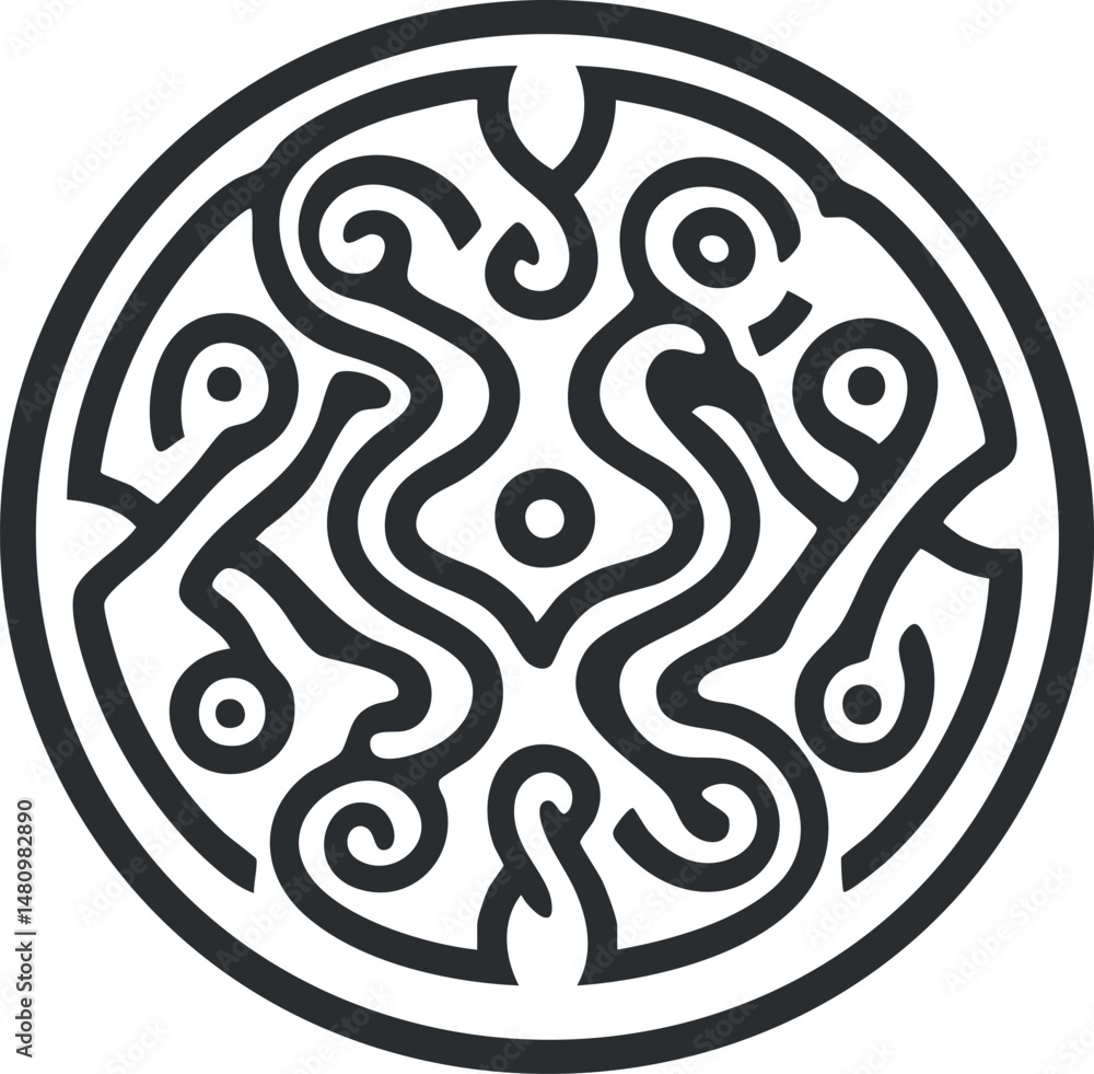 Poster abstract circular black and white ornamental pattern with swirling lines and geometric shapes