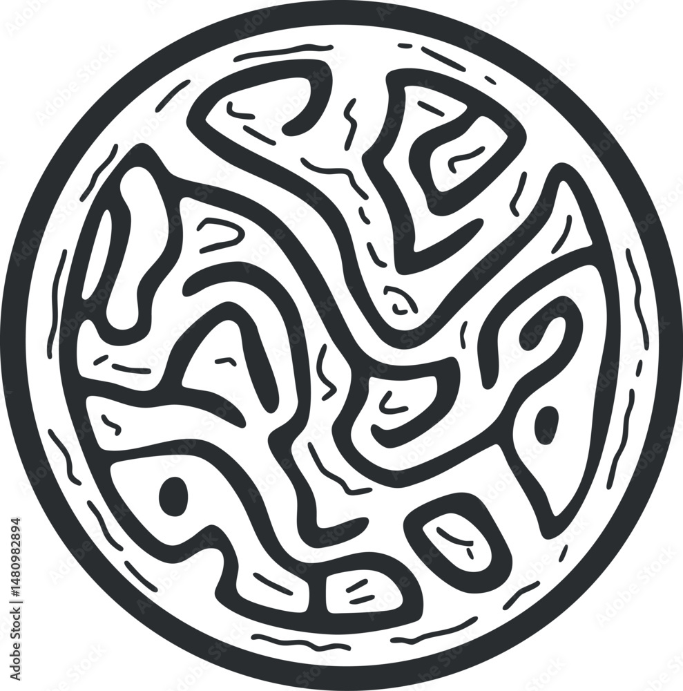 Poster black and white circular maze design with complex winding pathways for puzzle or game concept