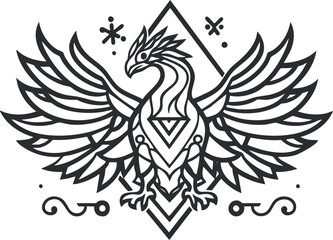 Black and white line art illustration of a stylized phoenix bird with spread wings and geometric shapes