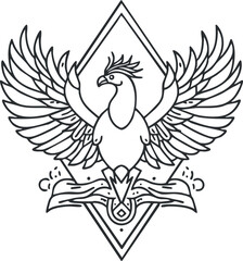Black and white line art illustration of an eagle with spread wings and detailed feathers in a geometric style.