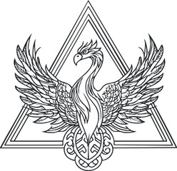 Black and white line art illustration of a mythical phoenix bird with spread wings inside a geometric triangle symbol.