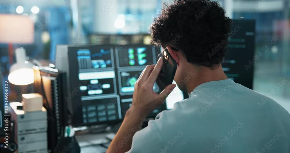 Fototapete Phone call, back and coding with person and computer for software developer, programmer update and design feedback. Research, backend script and app project with employee in agency for web review