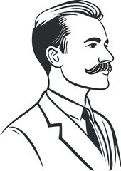 Black and white illustration of a confident man with a mustache in a suit and tie shown in profile