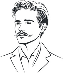 Black and white line drawing of a stylish man with a mustache wearing a suit and shirt.