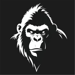 Gorilla head black silhouette on black background. Gorilla Face Icon. Minimal Gorilla Head Symbol. Vector illustration. 