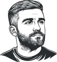 Black and white line art portrait of a young man with a beard looking thoughtfully to the side.