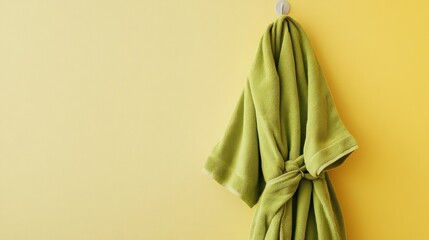 Soft green bathrobe hanging on yellow wall home decor and lifestyle