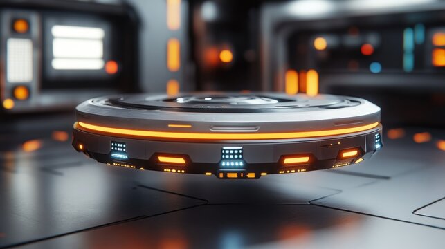 Futuristic hovering disc in a sterile, technologically advanced environment - Powered by Adobe